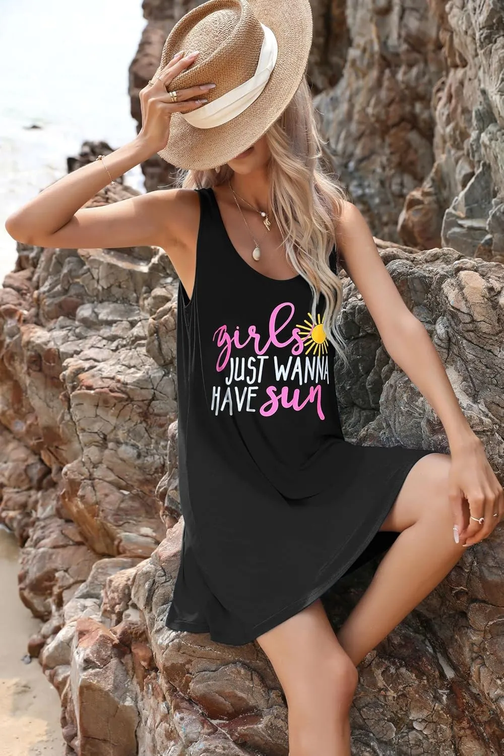 JiniGolla Womens Summer Beach Cover Up Dresses Loose Swimsuit Coverup Tank Sundress
