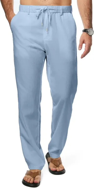 JMIERR Men's Linen Drawstring Pants Elastic Waist Drawstring Lightweight Trouser Casual Yoga Summer Beach Pant