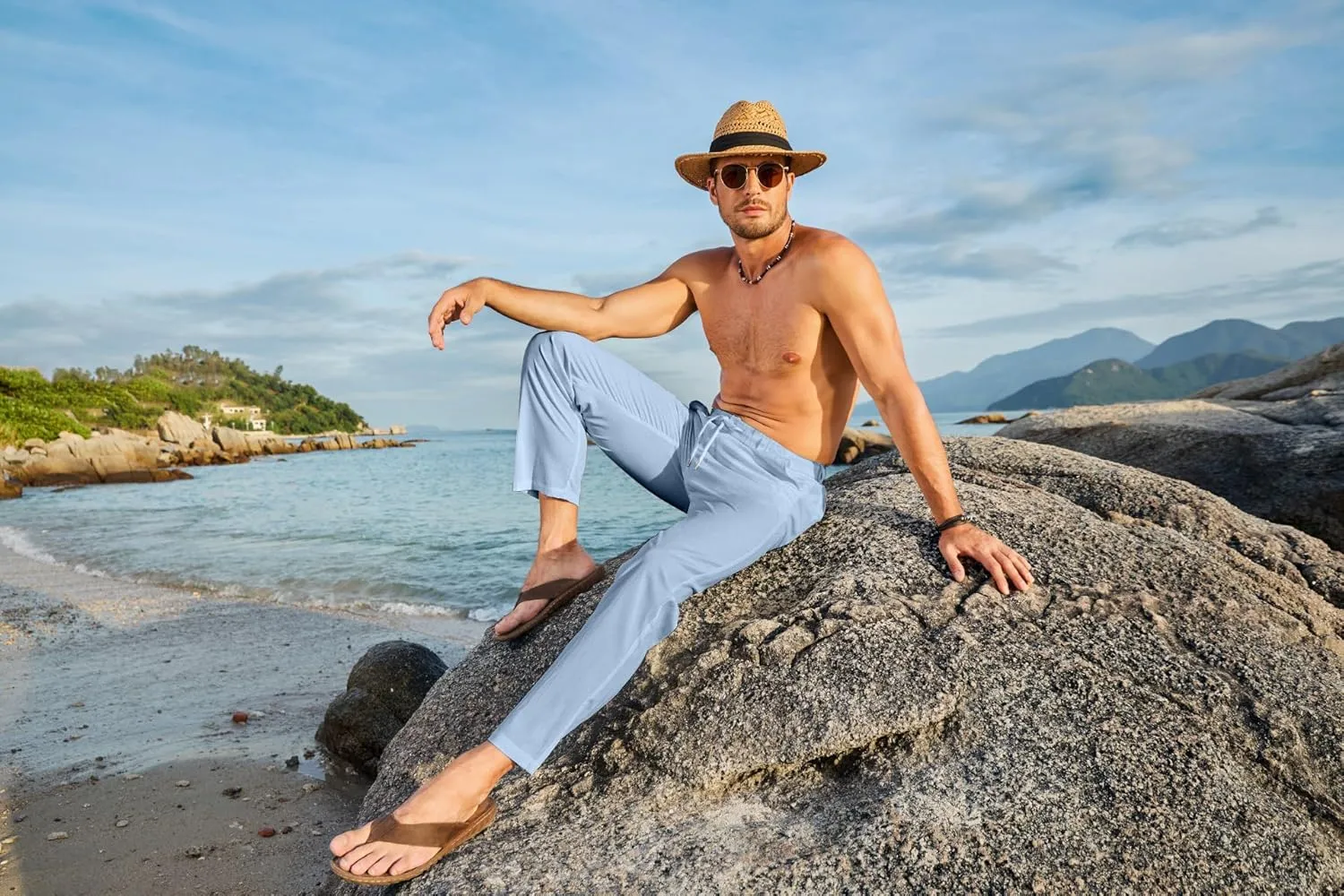JMIERR Men's Linen Drawstring Pants Elastic Waist Drawstring Lightweight Trouser Casual Yoga Summer Beach Pant