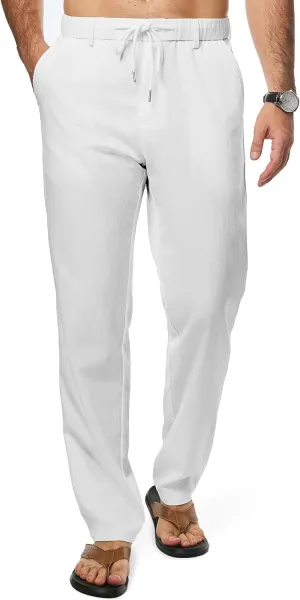 JMIERR Men's Linen Drawstring Pants Elastic Waist Drawstring Lightweight Trouser Casual Yoga Summer Beach Pant