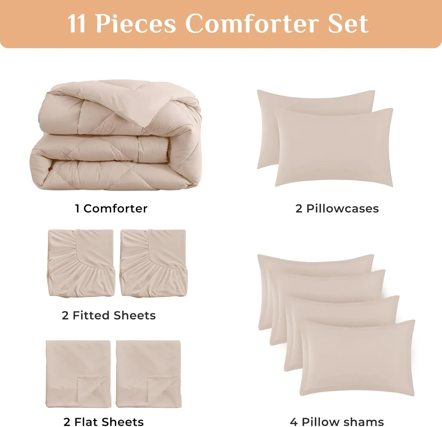JOLLYVOGUE 11 Pieces King Comforter Set, Reversible Bed in a Bag King Size, All Season Bedding Set with Soft Beige Comforter, Flat Sheets, Fitted Sheets, Pillowcases & Shams