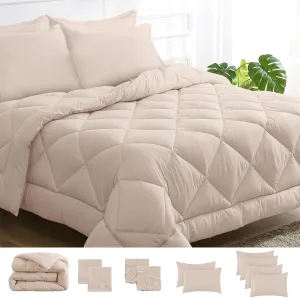 JOLLYVOGUE 11 Pieces King Comforter Set, Reversible Bed in a Bag King Size, All Season Bedding Set with Soft Beige Comforter, Flat Sheets, Fitted Sheets, Pillowcases & Shams