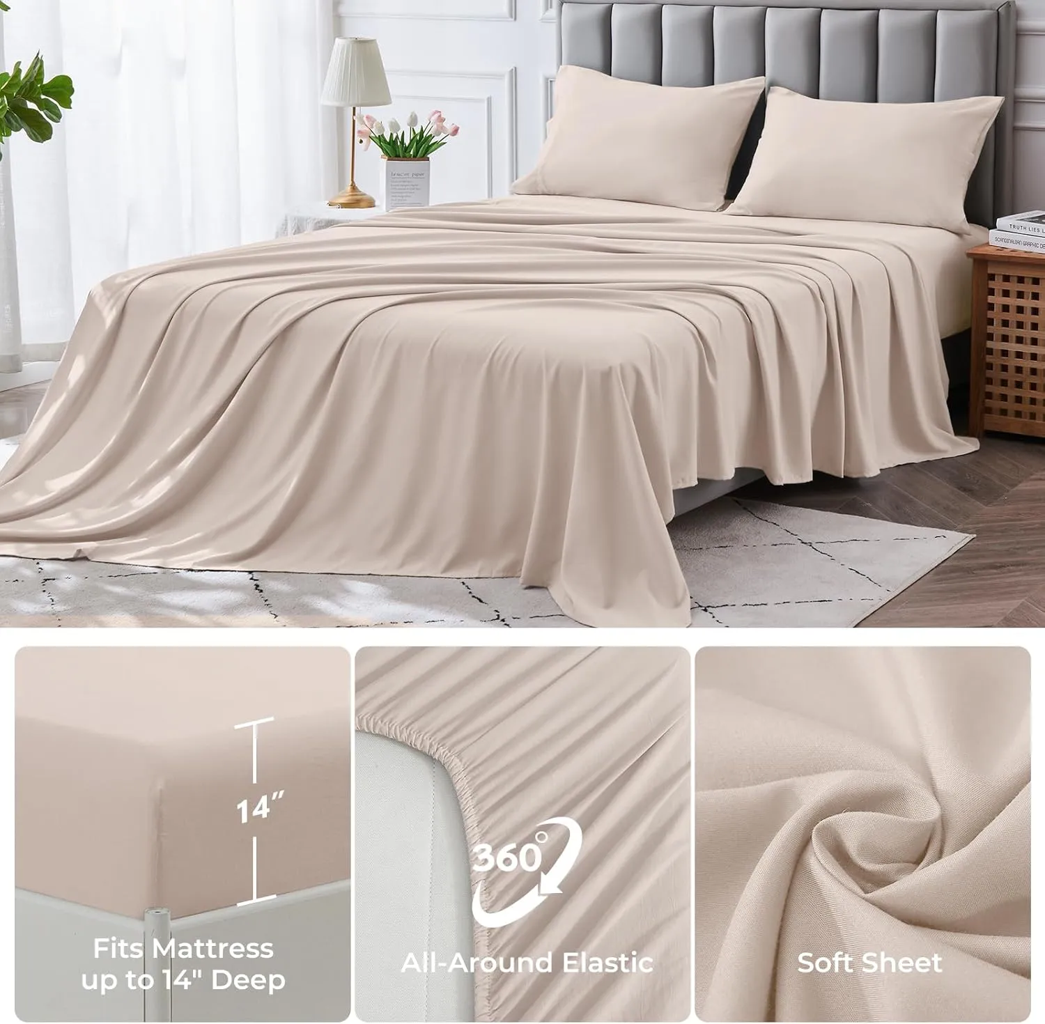 JOLLYVOGUE 11 Pieces King Comforter Set, Reversible Bed in a Bag King Size, All Season Bedding Set with Soft Beige Comforter, Flat Sheets, Fitted Sheets, Pillowcases & Shams