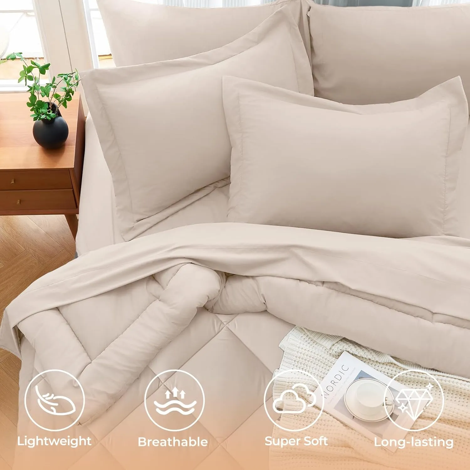 JOLLYVOGUE 11 Pieces King Comforter Set, Reversible Bed in a Bag King Size, All Season Bedding Set with Soft Beige Comforter, Flat Sheets, Fitted Sheets, Pillowcases & Shams