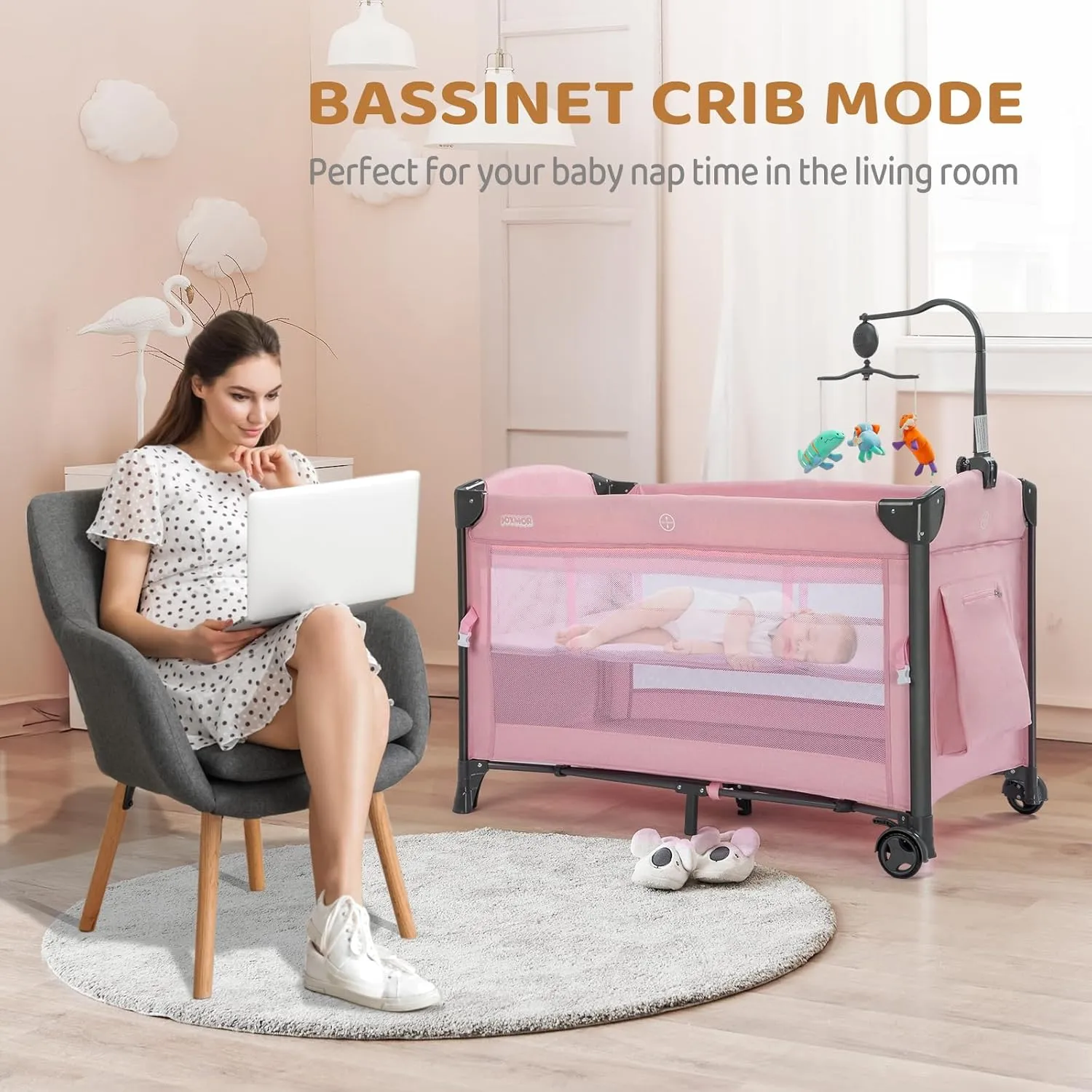 JOYMOR Baby Bedside Bassinet, Baby Bassinet, Pack n Play Convert Playpen, Quick Foldable Travel Bed with Toy, Wheels & Brake, Carry Bag for Boys Girls (Pink)