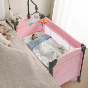 JOYMOR Baby Bedside Bassinet, Baby Bassinet, Pack n Play Convert Playpen, Quick Foldable Travel Bed with Toy, Wheels & Brake, Carry Bag for Boys Girls (Pink)