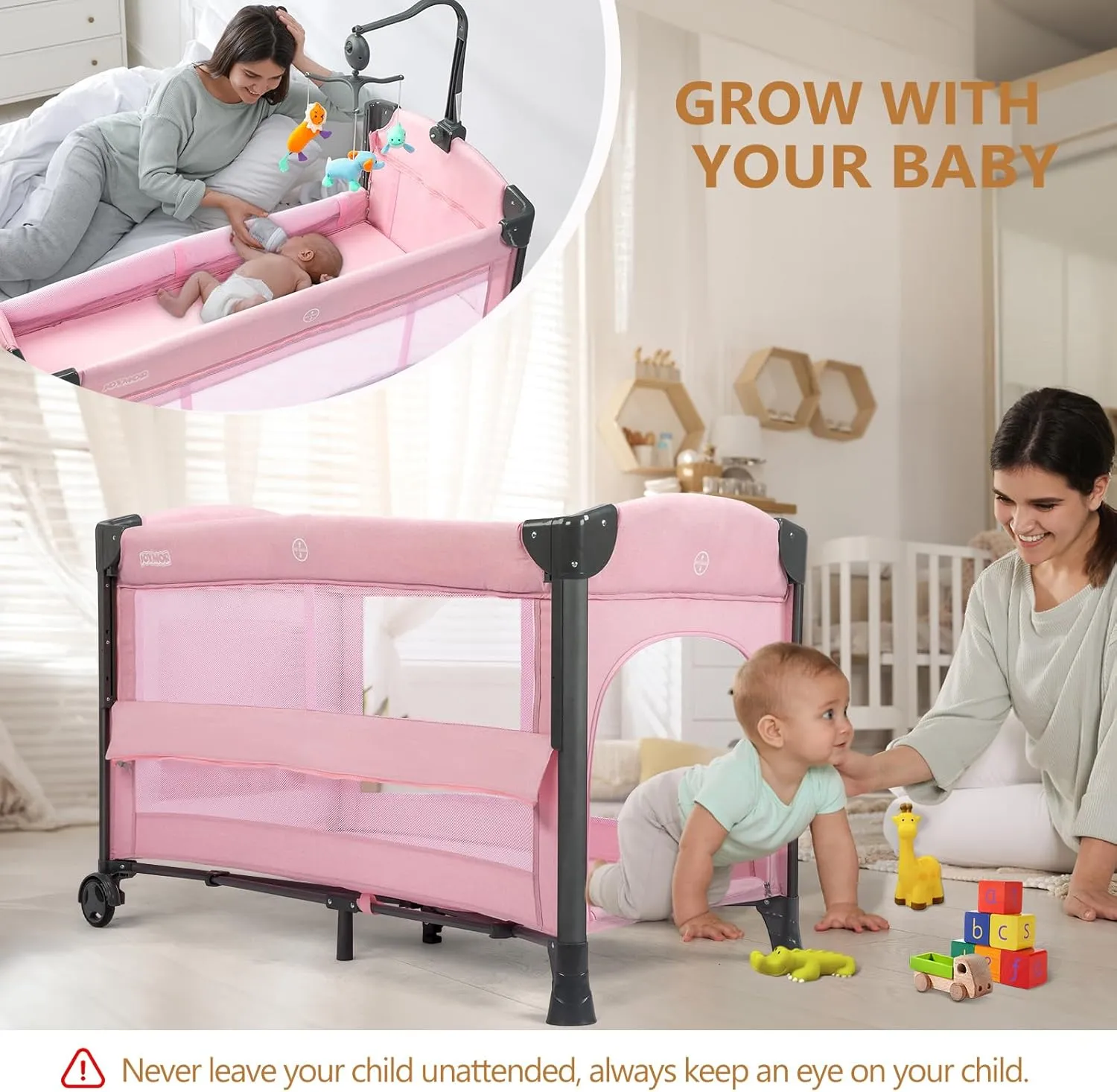 JOYMOR Baby Bedside Bassinet, Baby Bassinet, Pack n Play Convert Playpen, Quick Foldable Travel Bed with Toy, Wheels & Brake, Carry Bag for Boys Girls (Pink)