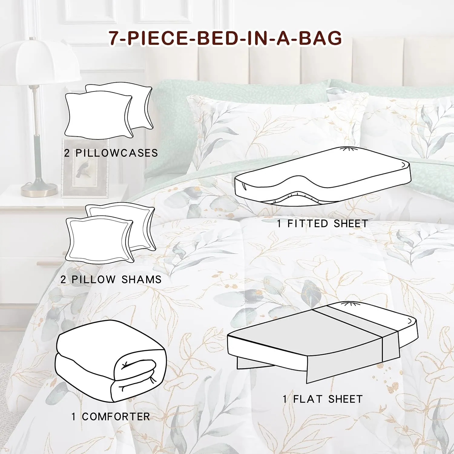 Joyreap 7 Piece Bed in a Bag King, Green Leaves Printed on White Botanical Design, Microfiber Comforter Set for All Season (1 Comforter, 2 Pillow Shams, 1 Flat Sheet, 1 Fitted Sheet, 2 Pillowcases)