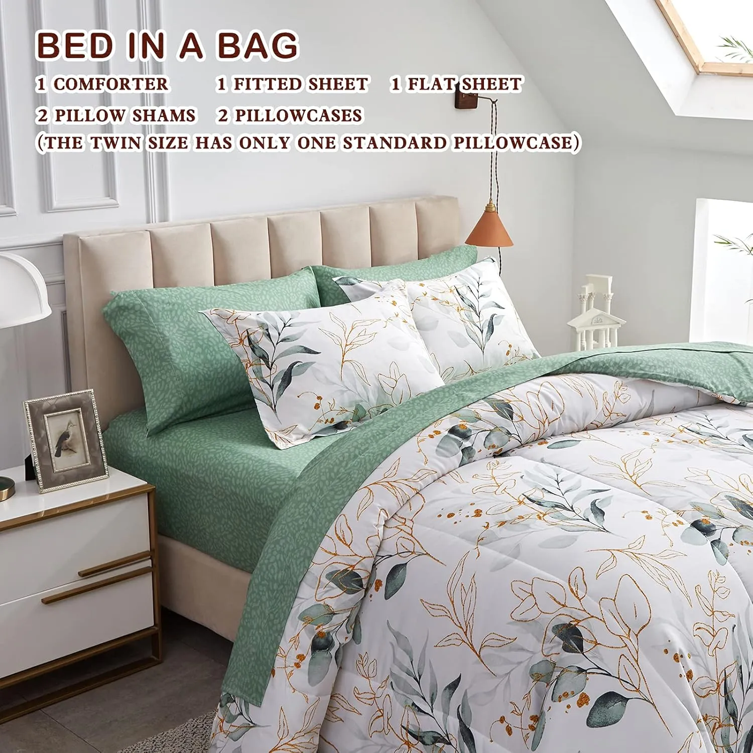 Joyreap 7 Piece Bed in a Bag King, Green Leaves Printed on White Botanical Design, Microfiber Comforter Set for All Season (1 Comforter, 2 Pillow Shams, 1 Flat Sheet, 1 Fitted Sheet, 2 Pillowcases)