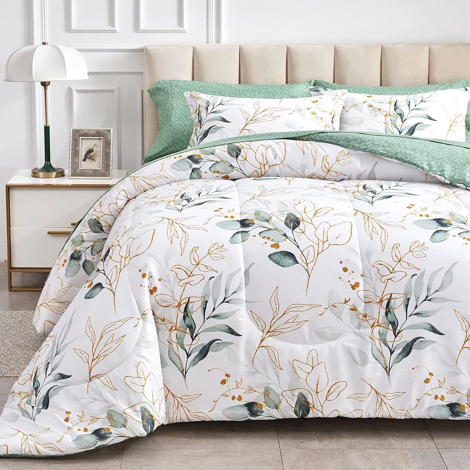Joyreap 7 Piece Bed in a Bag King, Green Leaves Printed on White Botanical Design, Microfiber Comforter Set for All Season (1 Comforter, 2 Pillow Shams, 1 Flat Sheet, 1 Fitted Sheet, 2 Pillowcases)