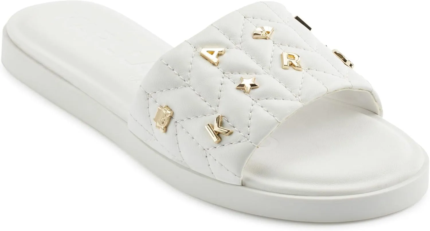 Karl Lagerfeld Paris Women's Cushioned Insole Everyday Carenza Studs-Flat Sandal Slide, Bright White, 9