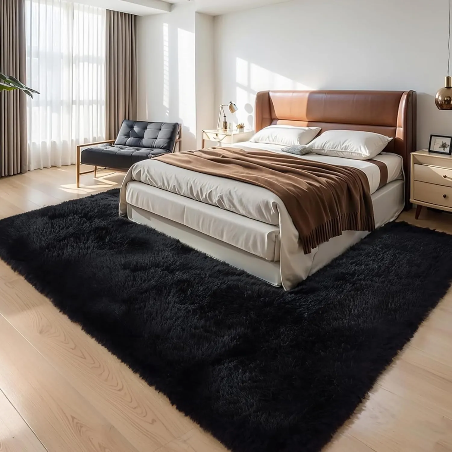 KCHOWUA Black Fluffy Rug 4x6 - Ultra Soft Washable Shaggy Carpet, Thick Plush Fuzzy Faux Fur Area Rug, Non-Slip Cozy Floor Rug for Bedroom, Living Room, Nursery, Dorm, Playroom, Home, Kids & Baby Room