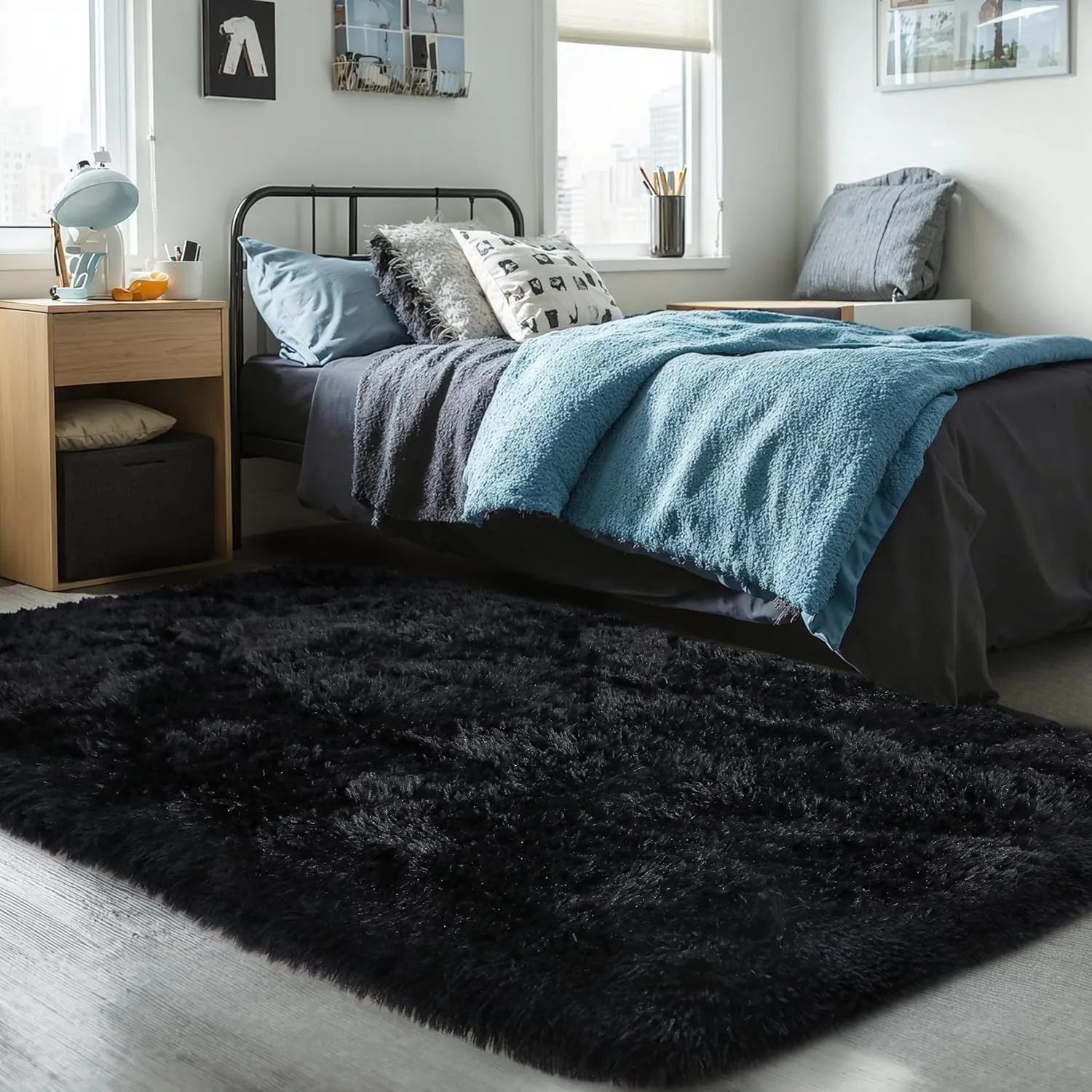 KCHOWUA Black Fluffy Rug 4x6 - Ultra Soft Washable Shaggy Carpet, Thick Plush Fuzzy Faux Fur Area Rug, Non-Slip Cozy Floor Rug for Bedroom, Living Room, Nursery, Dorm, Playroom, Home, Kids & Baby Room