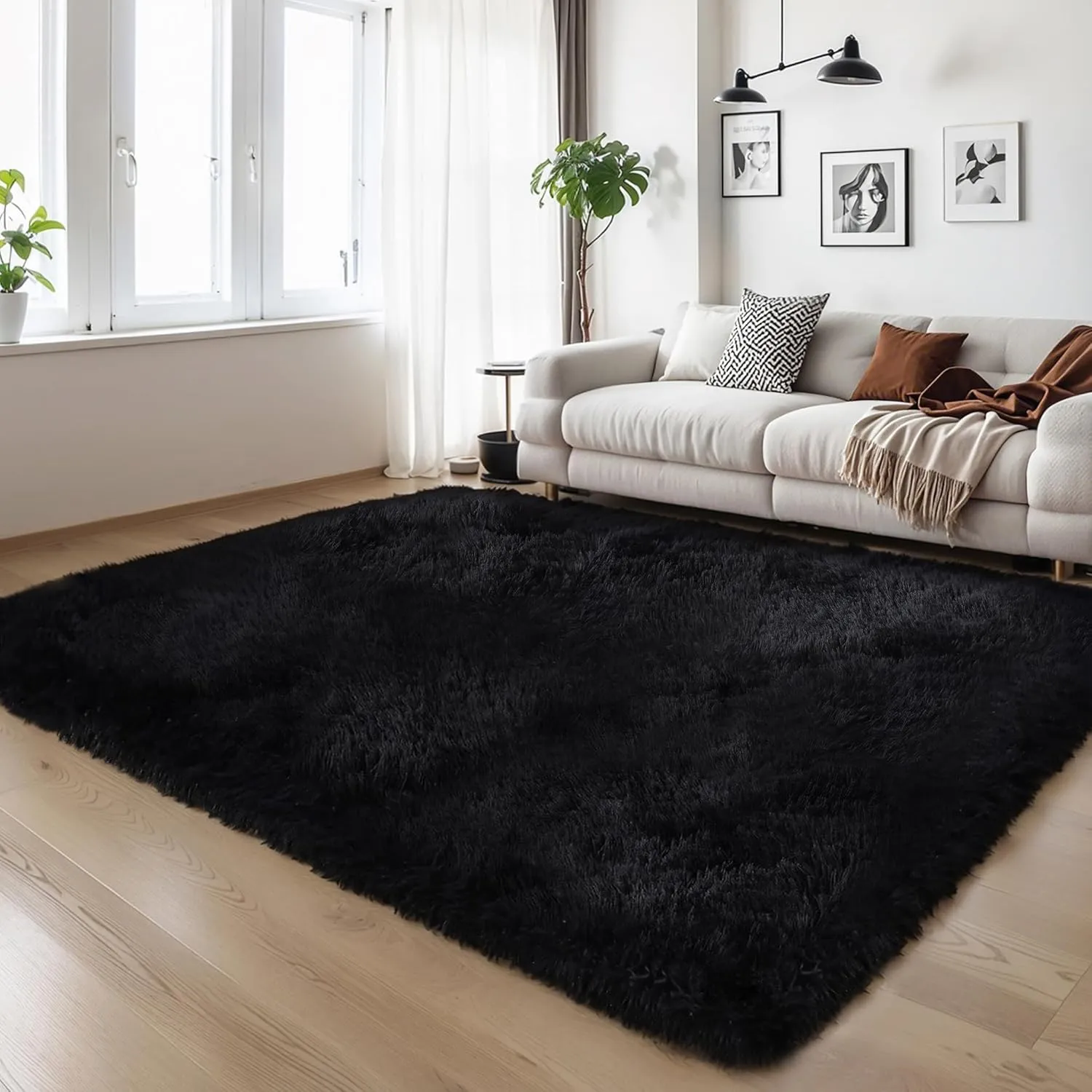 KCHOWUA Black Fluffy Rug 4x6 - Ultra Soft Washable Shaggy Carpet, Thick Plush Fuzzy Faux Fur Area Rug, Non-Slip Cozy Floor Rug for Bedroom, Living Room, Nursery, Dorm, Playroom, Home, Kids & Baby Room