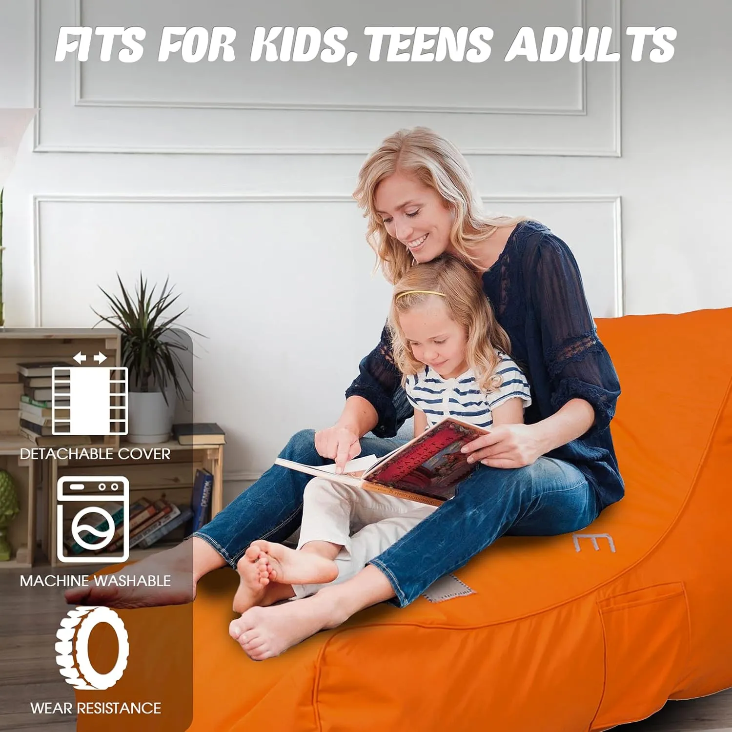 Kids Bean Bag Chair - Floor Chair Couch Lazy Lounger Memory Foam Sofa with Dirt-Proof Oxford Fabric&Side Pocket for Kids Age 2 and Up,MOM I'm FINE, Orange