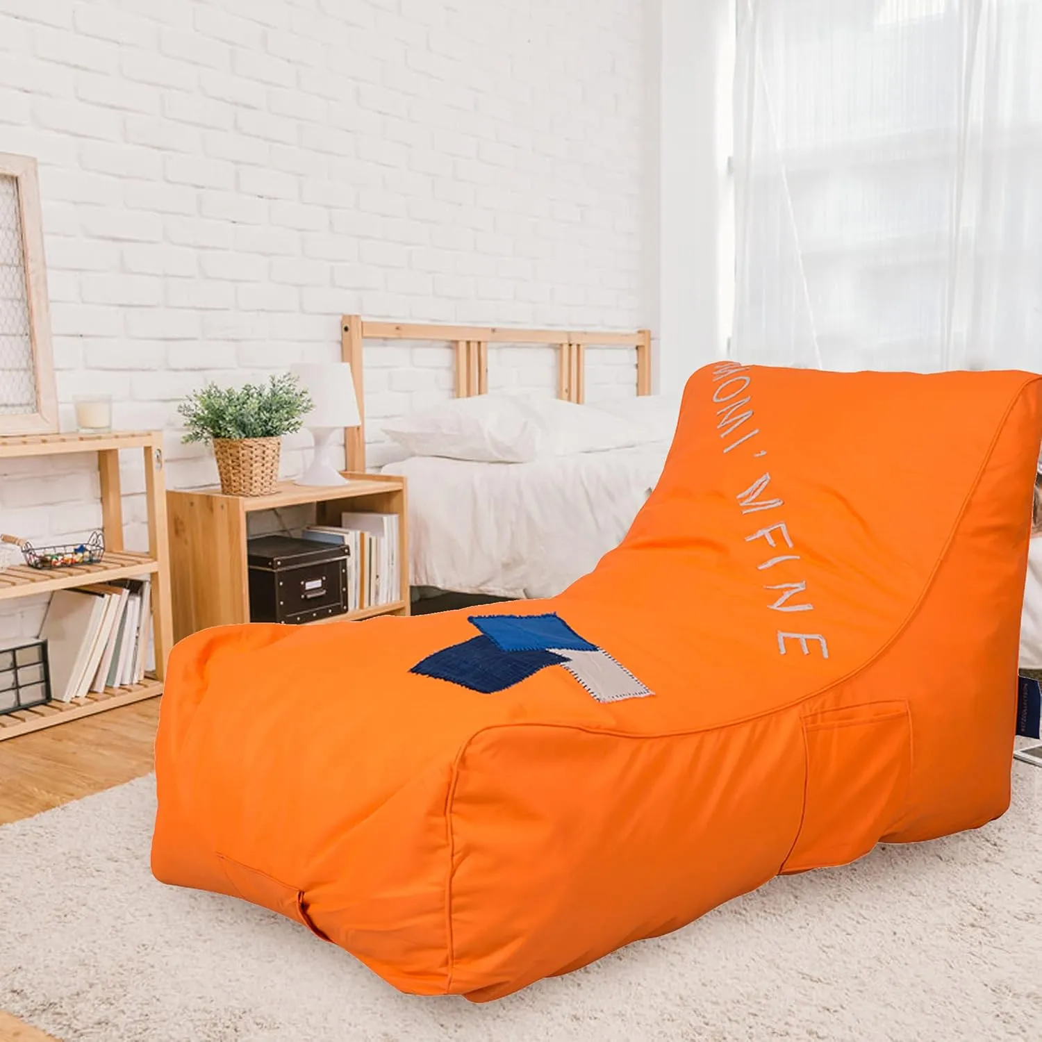 Kids Bean Bag Chair - Floor Chair Couch Lazy Lounger Memory Foam Sofa with Dirt-Proof Oxford Fabric&Side Pocket for Kids Age 2 and Up,MOM I'm FINE, Orange
