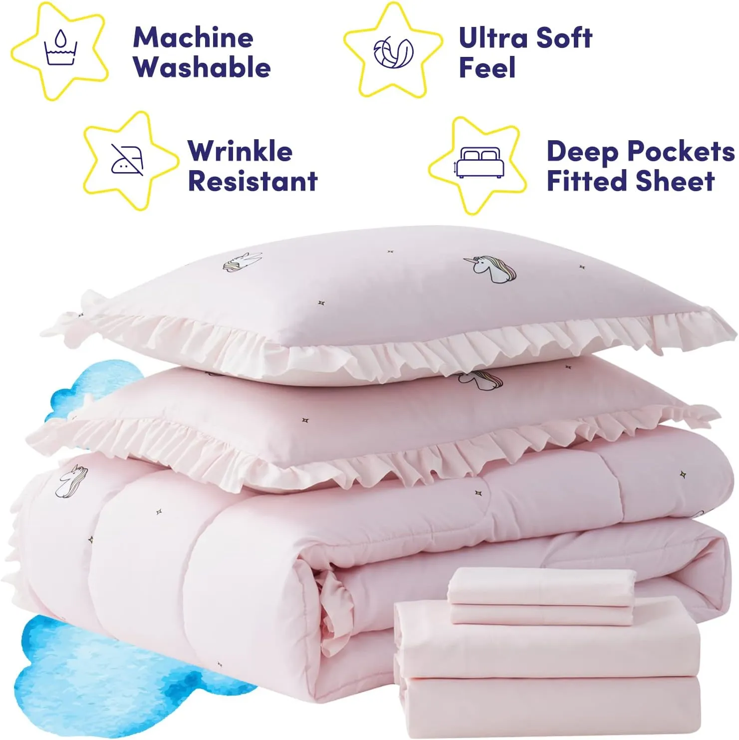 Kids Bedding Set Bed in a Bag for Boys and Girls Toddlers Printed Sheet Set and Comforter , Twin, Rainbow Unicorn