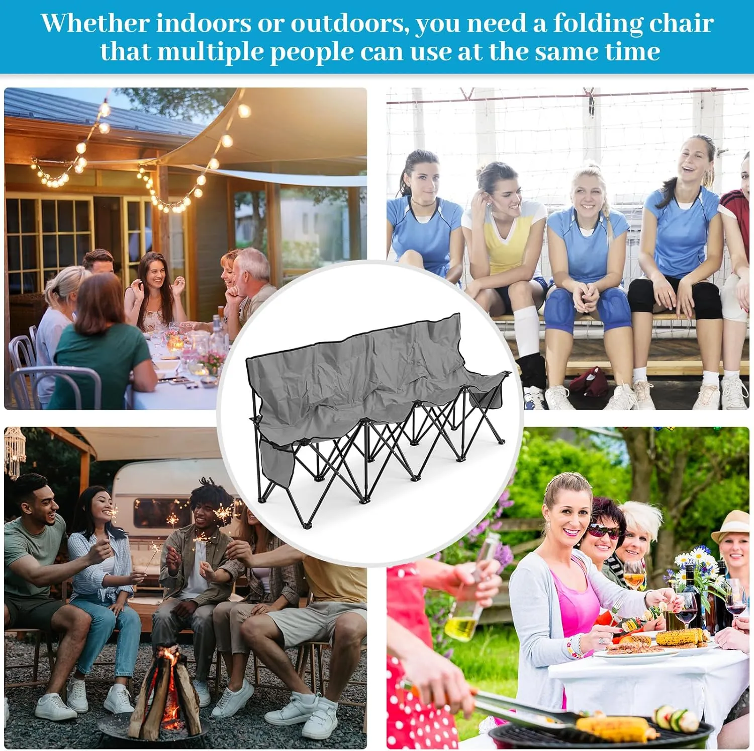 Kigley Portable 4 Seat Soccer Bench Chairs Foldable Team Sports Bench with Pockets and Carrying Bag for Camping Soccer Sports Team Basketball Football Practice Games(Gray,2 Pcs)