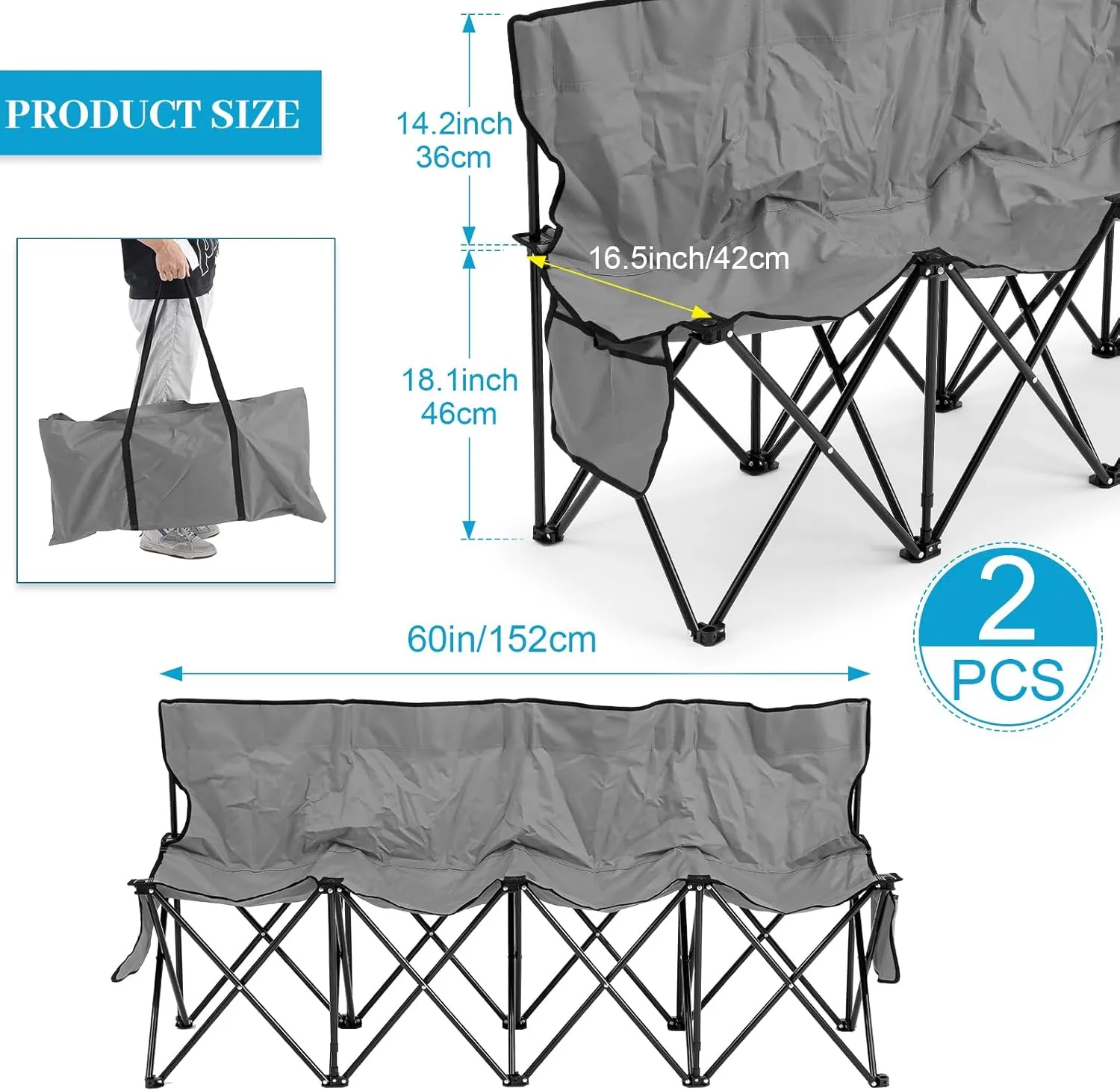 Kigley Portable 4 Seat Soccer Bench Chairs Foldable Team Sports Bench with Pockets and Carrying Bag for Camping Soccer Sports Team Basketball Football Practice Games(Gray,2 Pcs)