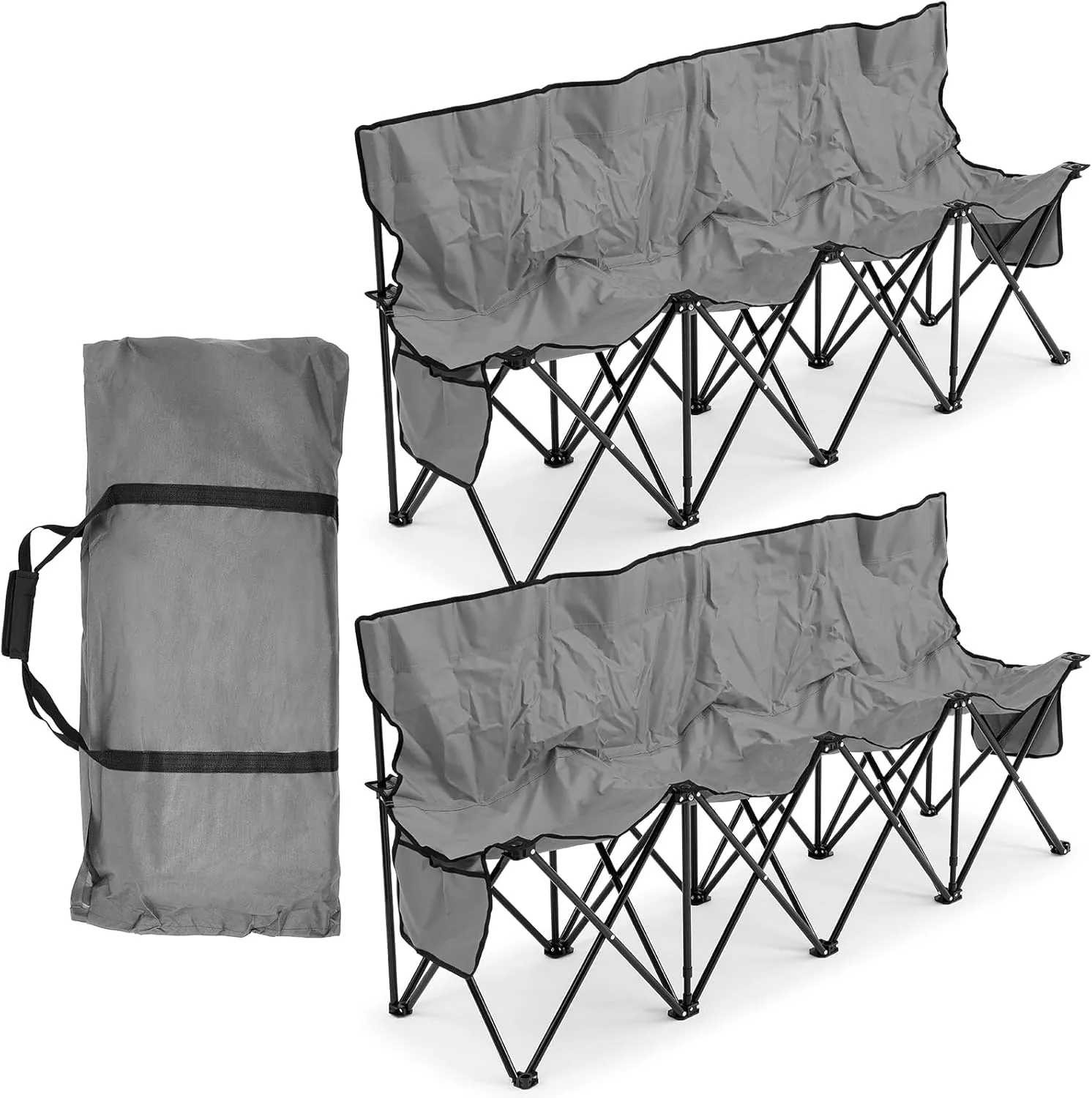 Kigley Portable 4 Seat Soccer Bench Chairs Foldable Team Sports Bench with Pockets and Carrying Bag for Camping Soccer Sports Team Basketball Football Practice Games(Gray,2 Pcs)