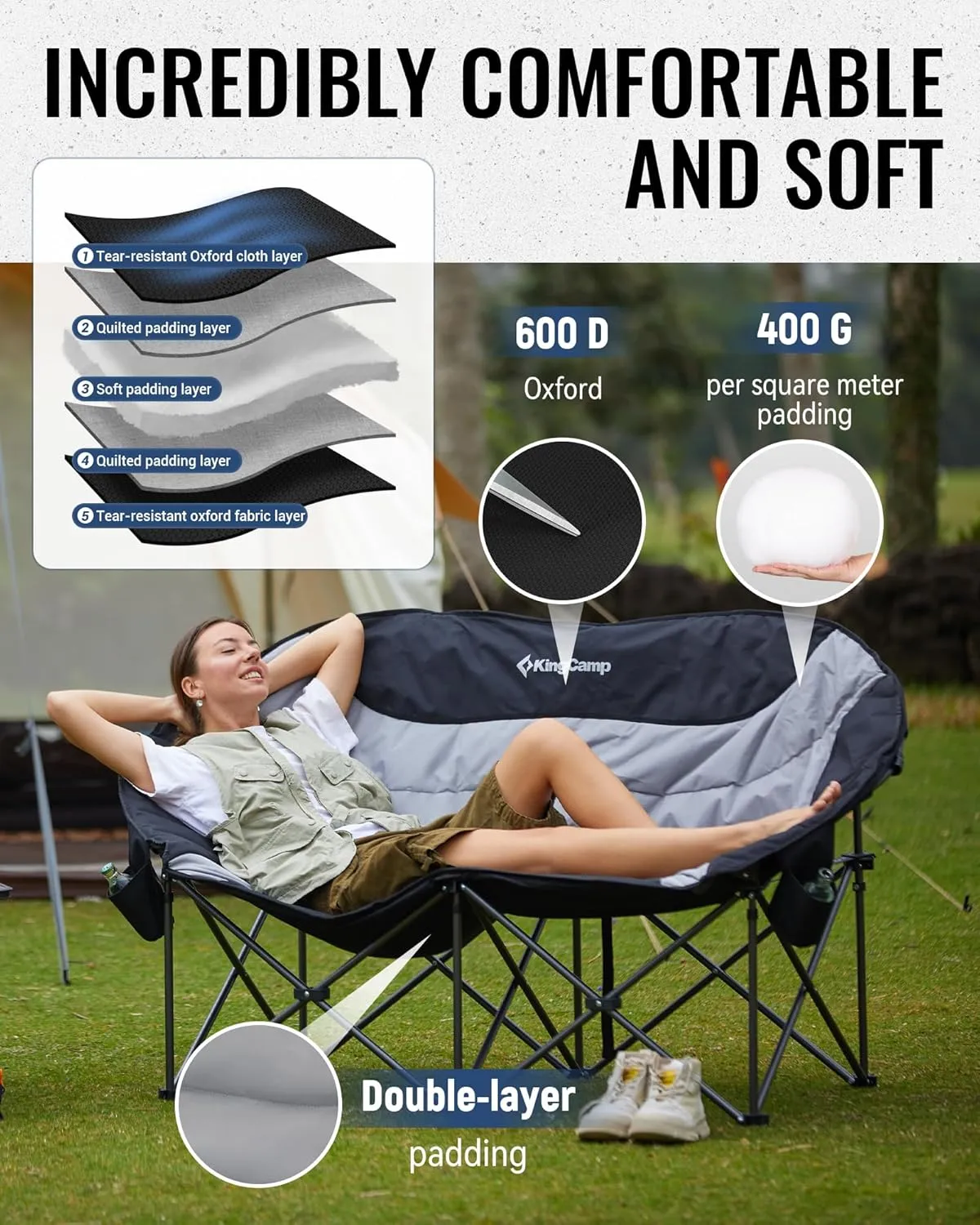 KingCamp Double Camping Chair, Oversized Heavy Duty Loveseat for Adults Portable Folding XL 2 Person Couch Padded Comfortable Two Seat with Cup Holder for Outdoor Lawn Backyard