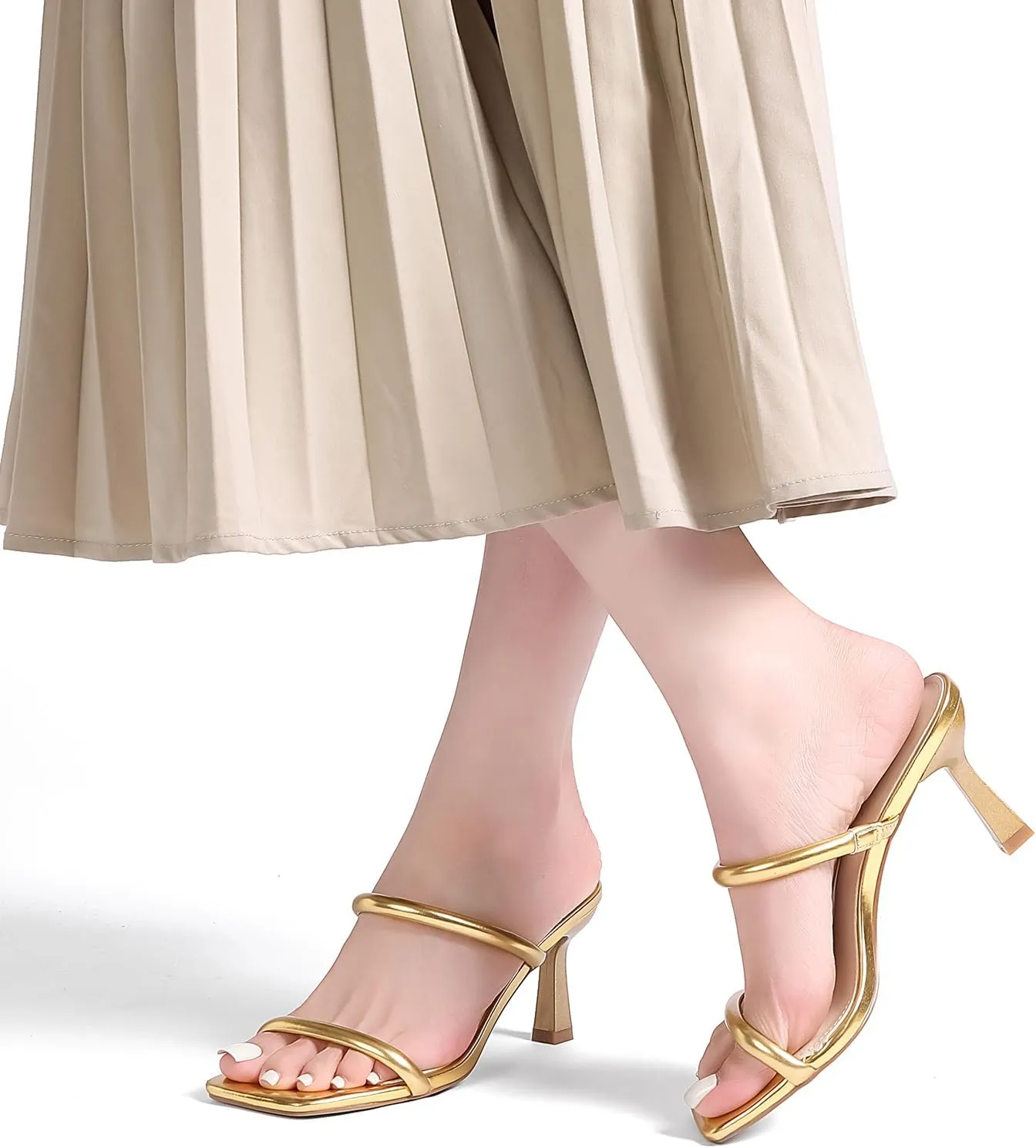 Kitten Heels for Women Two Strap Mules Mid Square Open Toe Slip On Heeled Sandals
