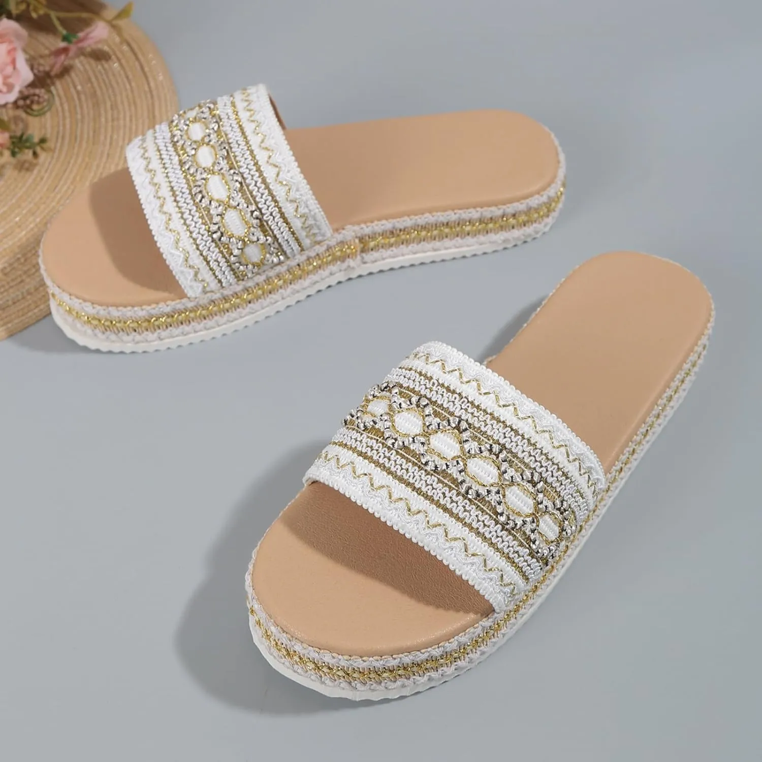 Ladies Fashion Ethnic Woven Print Open Toe Flat Bottom Beach Sandals 5 Toe Shoe
