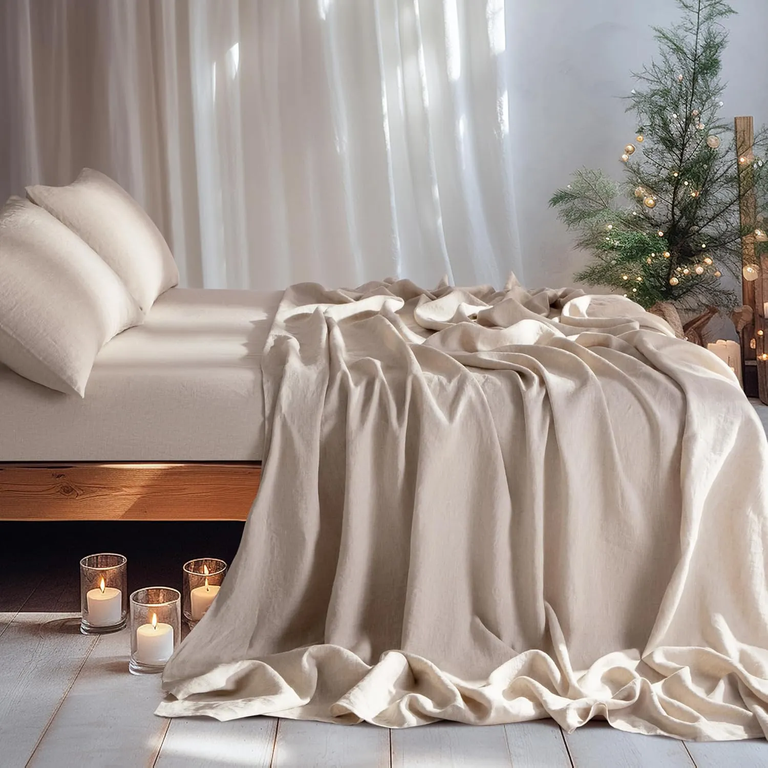 LBR02M 100% Linen Sheet Set Queen Size, Bed Sheets 4 Piece Sets, Solid Color Natural Flax Bed Sheets Soft Breathable Bedding,16" Deep Pocket,All Season (Queen, Linen)