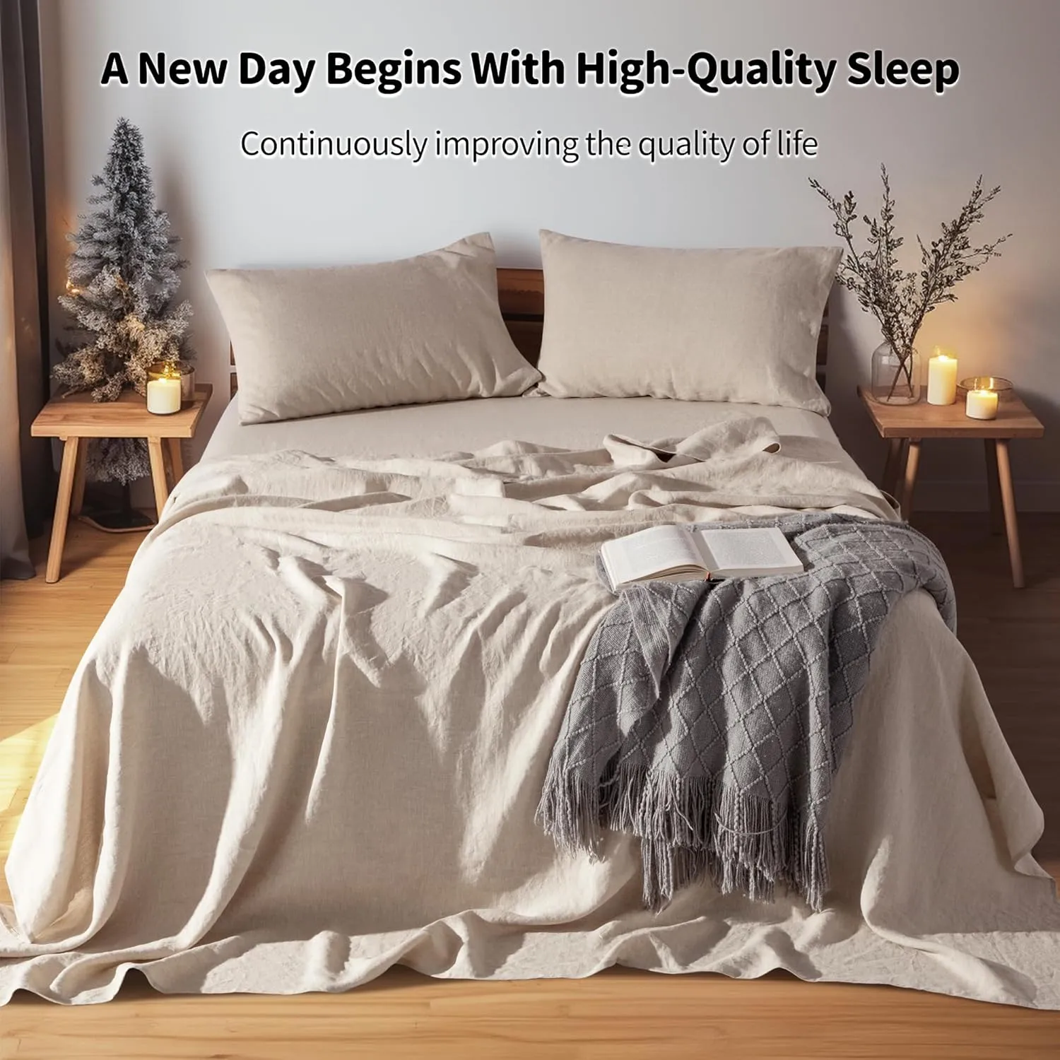 LBR02M 100% Linen Sheet Set Queen Size, Bed Sheets 4 Piece Sets, Solid Color Natural Flax Bed Sheets Soft Breathable Bedding,16" Deep Pocket,All Season (Queen, Linen)