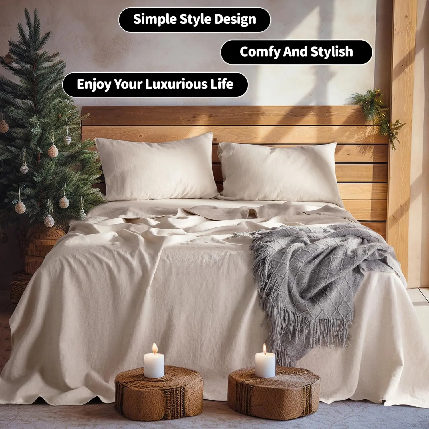 LBR02M 100% Linen Sheet Set Queen Size, Bed Sheets 4 Piece Sets, Solid Color Natural Flax Bed Sheets Soft Breathable Bedding,16" Deep Pocket,All Season (Queen, Linen)