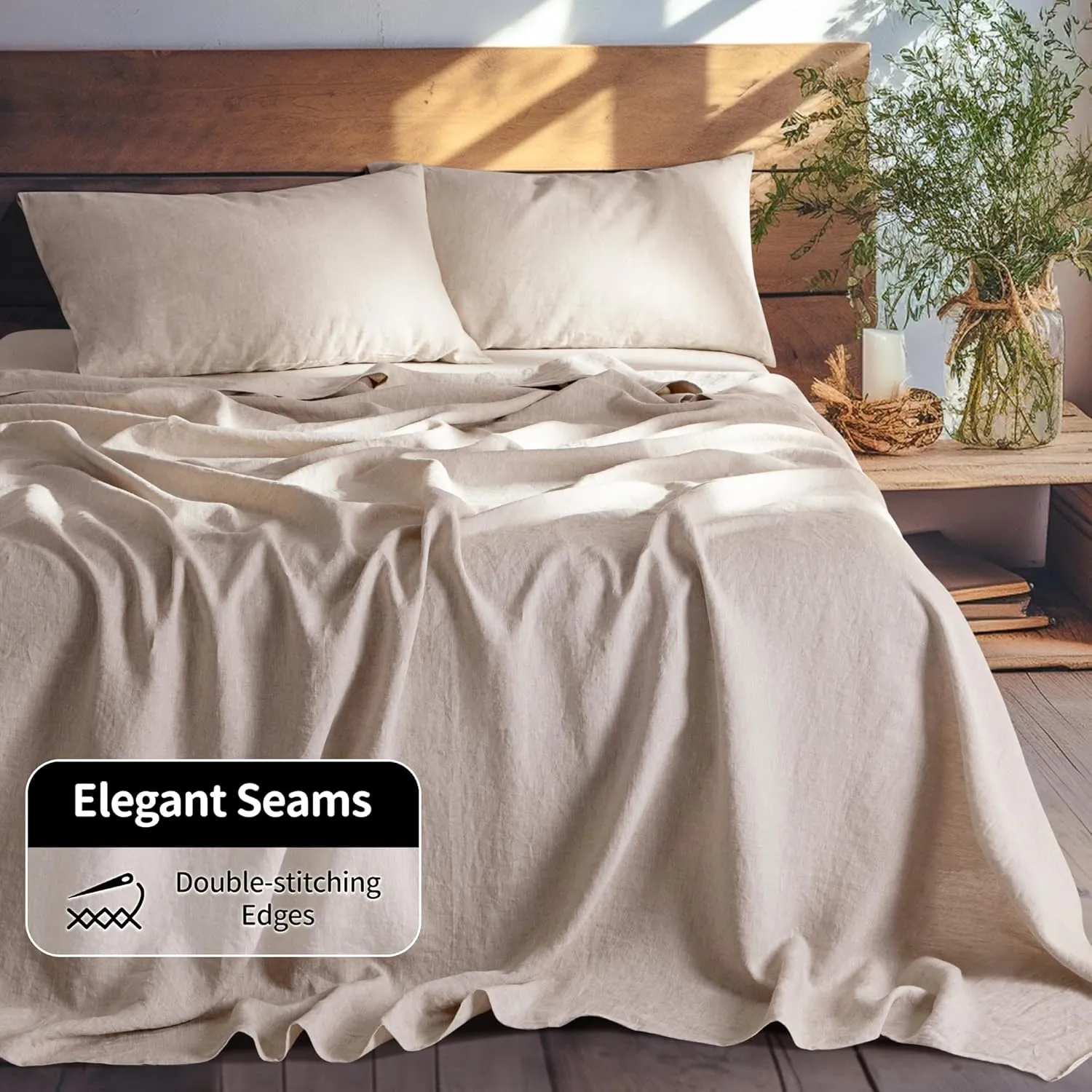 LBR02M 100% Linen Sheet Set Queen Size, Bed Sheets 4 Piece Sets, Solid Color Natural Flax Bed Sheets Soft Breathable Bedding,16" Deep Pocket,All Season (Queen, Linen)