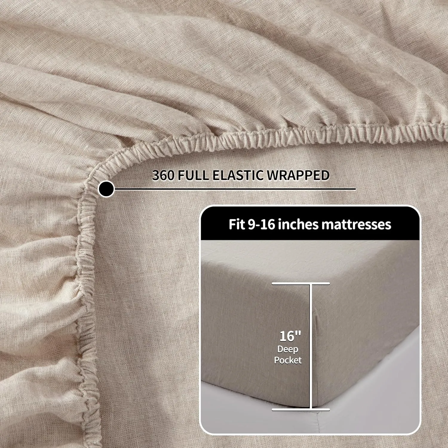 LBR02M 100% Linen Sheet Set Queen Size, Bed Sheets 4 Piece Sets, Solid Color Natural Flax Bed Sheets Soft Breathable Bedding,16" Deep Pocket,All Season (Queen, Linen)