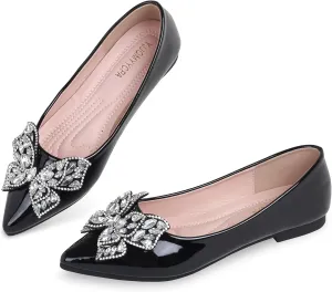 Leather Ballet Flats for Women Bling Rhinestone Fashionable Pointed Slip on Comfort Breathable Wedding Flats Shoes for Women Dress Shoes