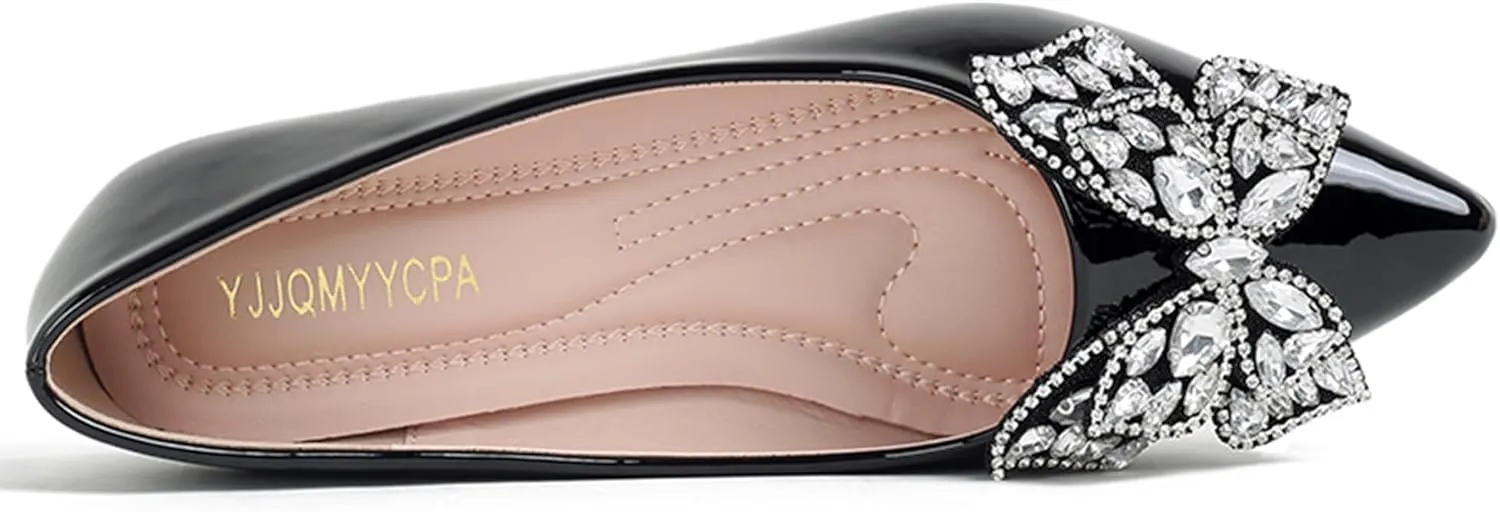 Leather Ballet Flats for Women Bling Rhinestone Fashionable Pointed Slip on Comfort Breathable Wedding Flats Shoes for Women Dress Shoes