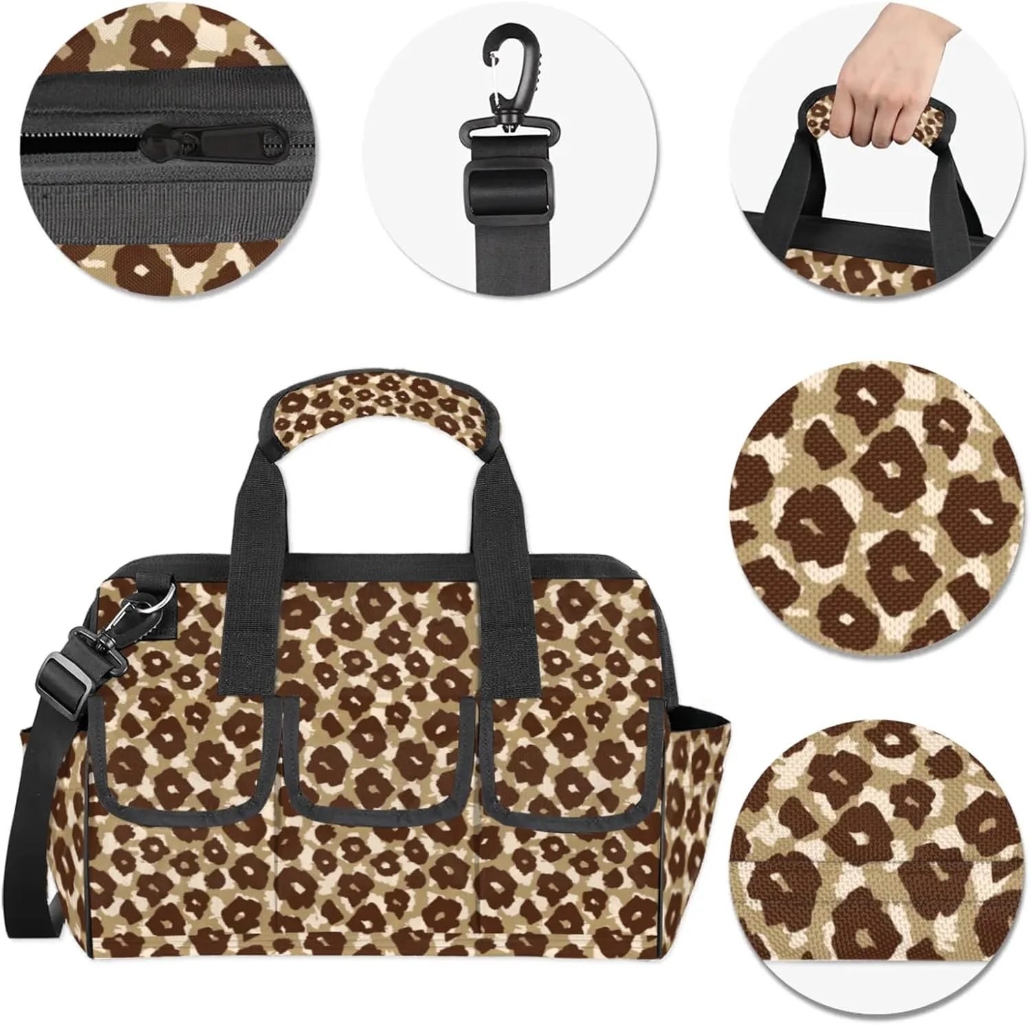 Leopard Print Heavy Duty Tool Bags for Men and Women 14.8 Inch, Soft Wide Mouth Tool Tote Organizer Bag with Adjustable Shoulder Strap