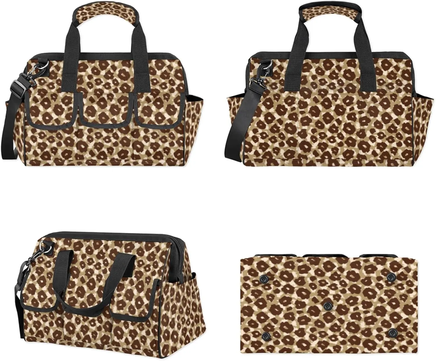 Leopard Print Heavy Duty Tool Bags for Men and Women 14.8 Inch, Soft Wide Mouth Tool Tote Organizer Bag with Adjustable Shoulder Strap