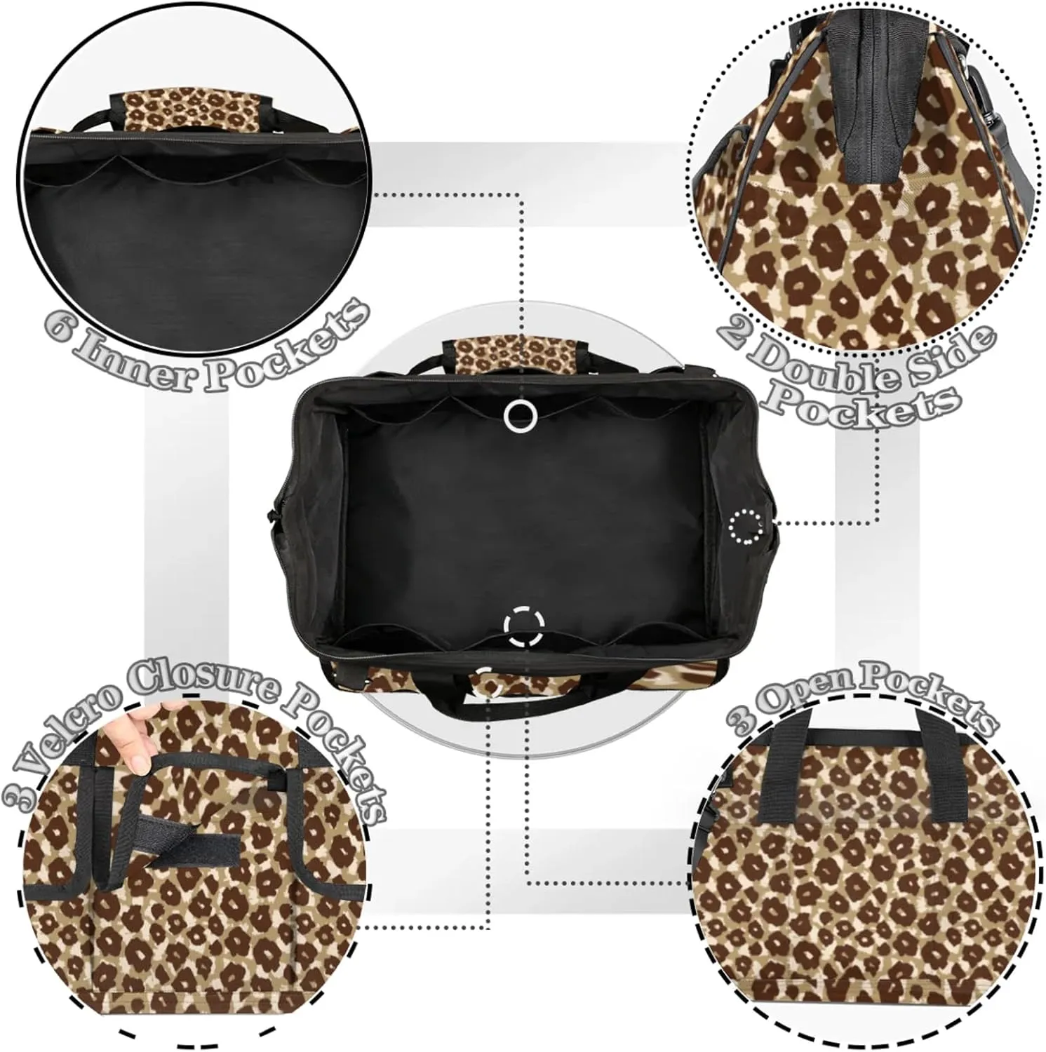Leopard Print Heavy Duty Tool Bags for Men and Women 14.8 Inch, Soft Wide Mouth Tool Tote Organizer Bag with Adjustable Shoulder Strap