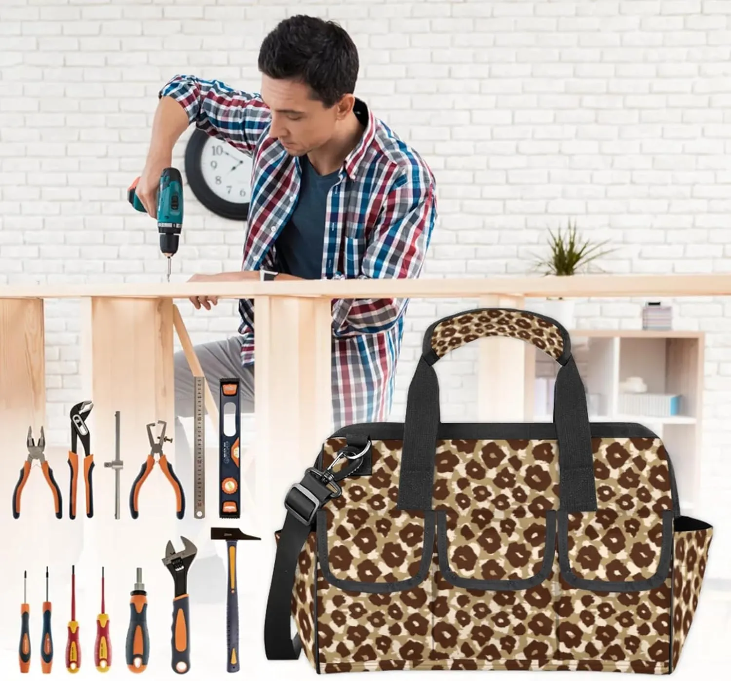 Leopard Print Heavy Duty Tool Bags for Men and Women 14.8 Inch, Soft Wide Mouth Tool Tote Organizer Bag with Adjustable Shoulder Strap