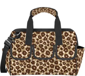Leopard Print Heavy Duty Tool Bags for Men and Women 14.8 Inch, Soft Wide Mouth Tool Tote Organizer Bag with Adjustable Shoulder Strap