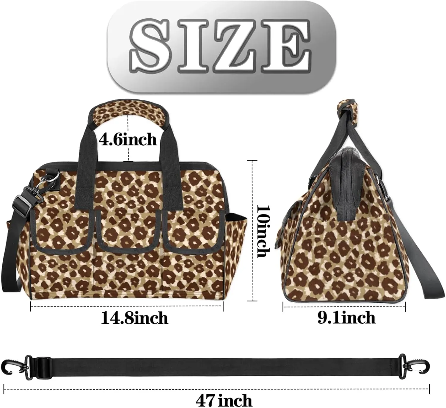 Leopard Print Heavy Duty Tool Bags for Men and Women 14.8 Inch, Soft Wide Mouth Tool Tote Organizer Bag with Adjustable Shoulder Strap