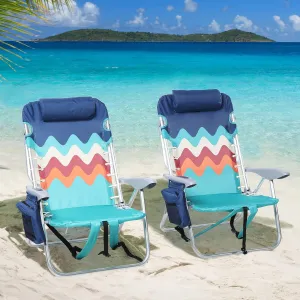 LET'S CAMP Backpack Beach Chair Set of 2, 4-Position Classic Lay Flat, Pillow and Padded Shoulder Straps, Storage Pouch and Towel Bar, Support 250LBS, Wave