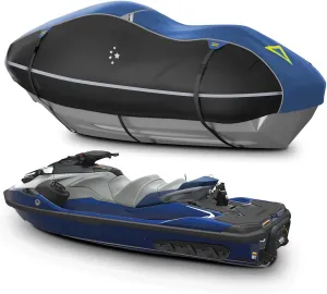 LIBZAKI Jet Ski Cover PWC Cover 2-3 Seats Heavy Duty Waterproof 600D UV Resistant Fits for Yamaha Sea-Doo Kawasaki up to 112"~135" Blue/Black