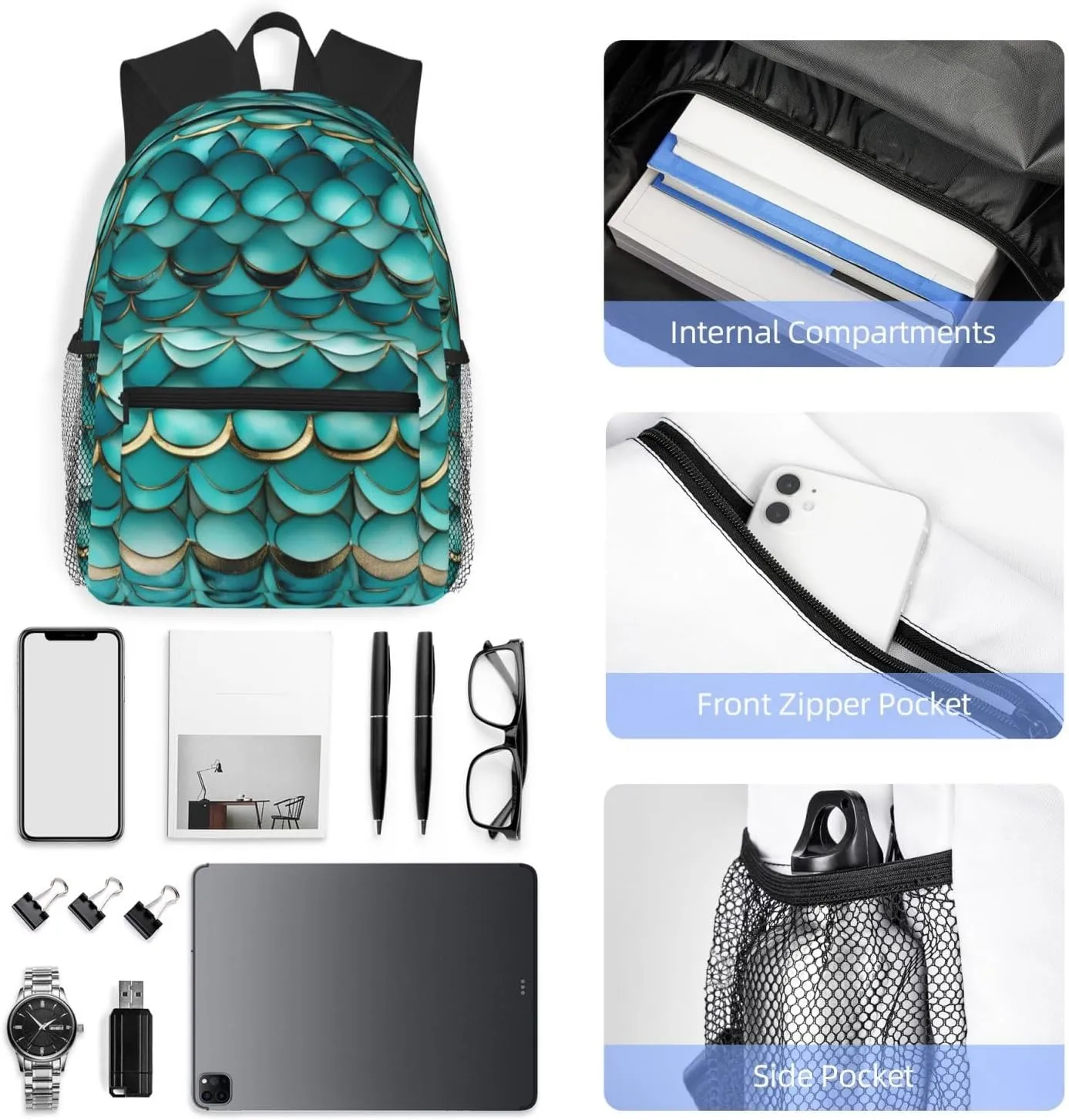 Lightweight Laptop Backpack,Casual Daypack Travel Backpack Bookbag Work Bag for Men and Women-Mermaid Teal Fish Scale
