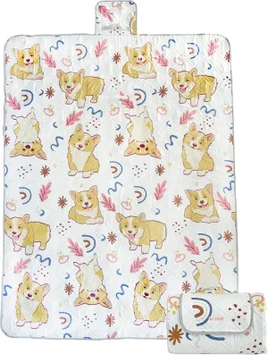Lil' Ken Ken Large (80" x 60") Corgi Puppy Print Picnic/Beach Blanket. Waterproof, Sandproof & Great for All Outdoor Activities-Great Gift for Corgi Lovers