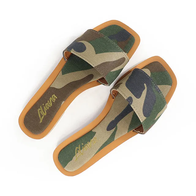 Liliana MINDEE-2 Camo Print Canvas Flat Sandal Slide