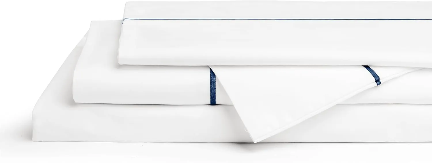 Linen Home 100% Cotton Marrow Percale Sheet Set, Queen Size, Dark Blue, 4 Pieces - 1 Flat, 1 Deep Pocket Fitted Sheet and 2 Pillowcases, Breathable, Crisp Cool and Strong Bed Linen