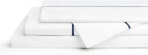 Linen Home 100% Cotton Marrow Percale Sheet Set, Queen Size, Dark Blue, 4 Pieces - 1 Flat, 1 Deep Pocket Fitted Sheet and 2 Pillowcases, Breathable, Crisp Cool and Strong Bed Linen