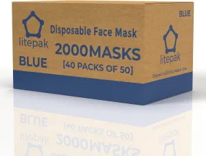 Litepak 2000pcs Disposable Face Masks Black 3-Ply Adult Mask Nose Wire Protection - Breathable Protective Face Covering
