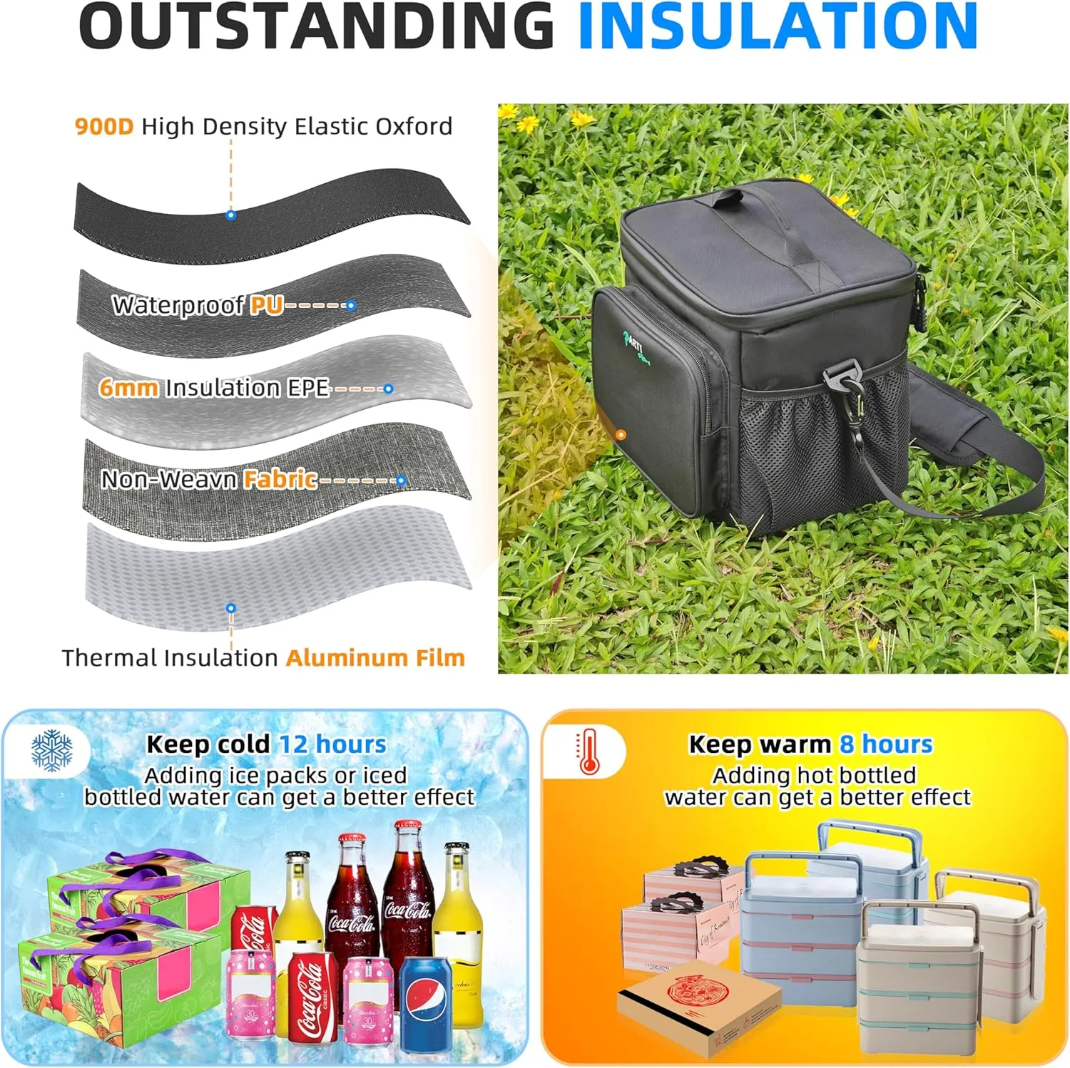Lunch Bag Lunch Box 12L Medium Soft Lunch Cooler Box Bag Loncheras 5-Layers Strong Thermal Water-leak-proof Anti-slip-fall Construction Work Outdoor Cycling Hiking For Men Women, Black