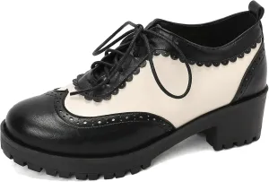LUXMAX Woemn Lace Up Oxford Shoes Chunky Mid Heel Vintage Wingtip Saddle Shoes Platform Retro Comfortable Pumps